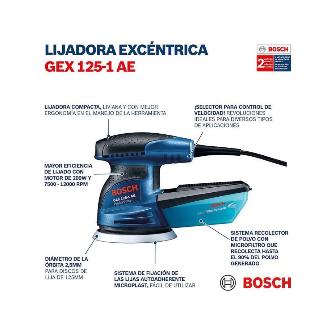 LIJADORA EXCÉNTRICA PROFESSIONAL GEX 125-1 AE BOSCH 06013875G0 DE 1/4” CON 220W Y 14,000ORPM