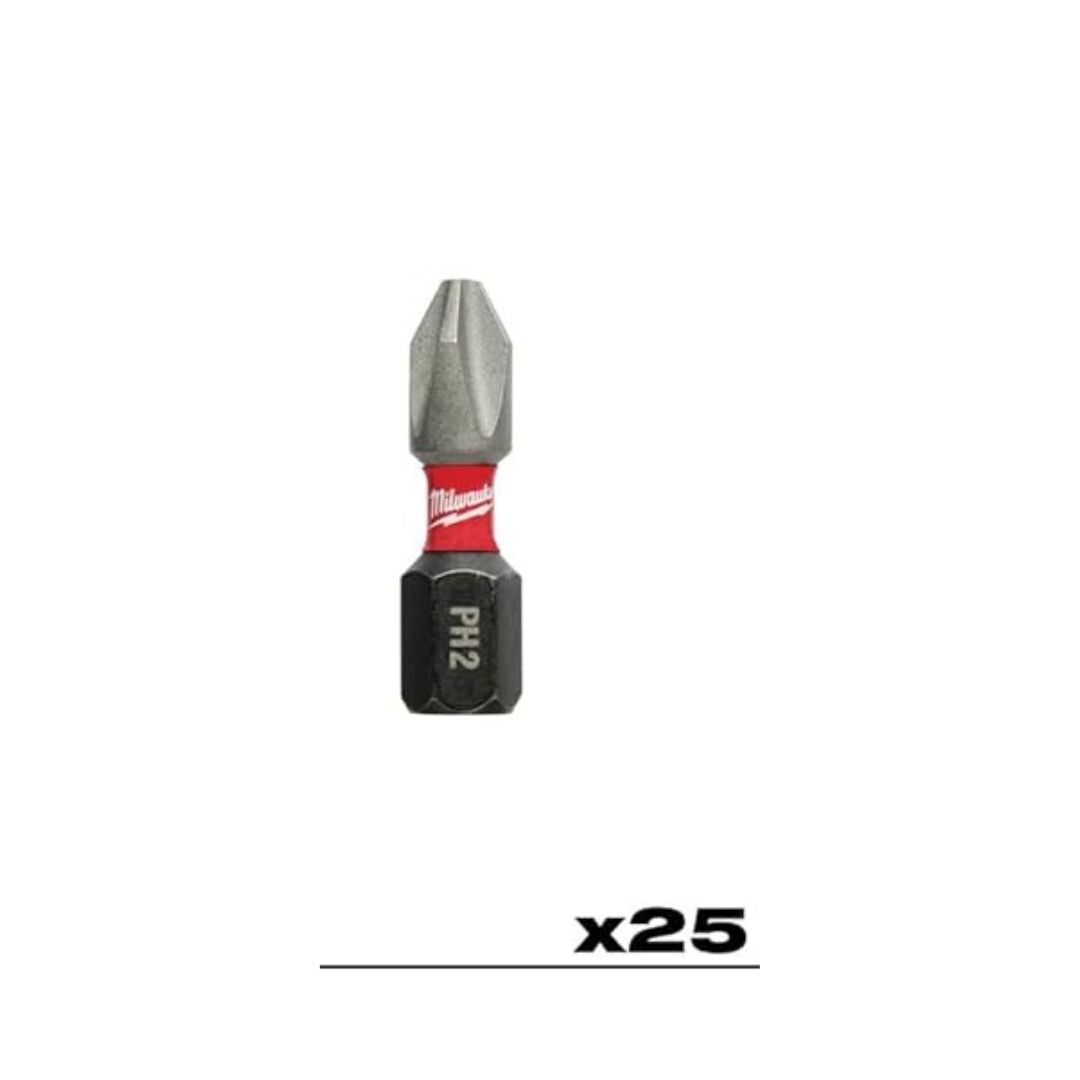 JUEGO DE INSERTOS PHILLIPS NO.2 MILWAUKEE 48-32-5009 SHOCKWAVE CON EXTENSION MAGNETICA CONTIENE 25 PIEZAS