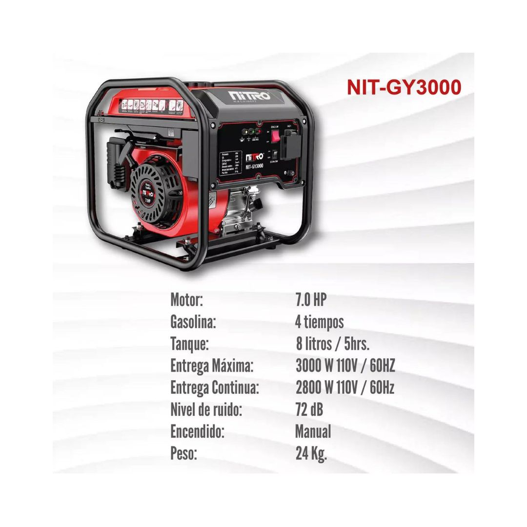 GENERADOR INVERTER A GASOLINA NITRO GY3000 DE 3000 WATTS, 7HP, 4 TIEMPOS CON ENCENDIDO MANUAL