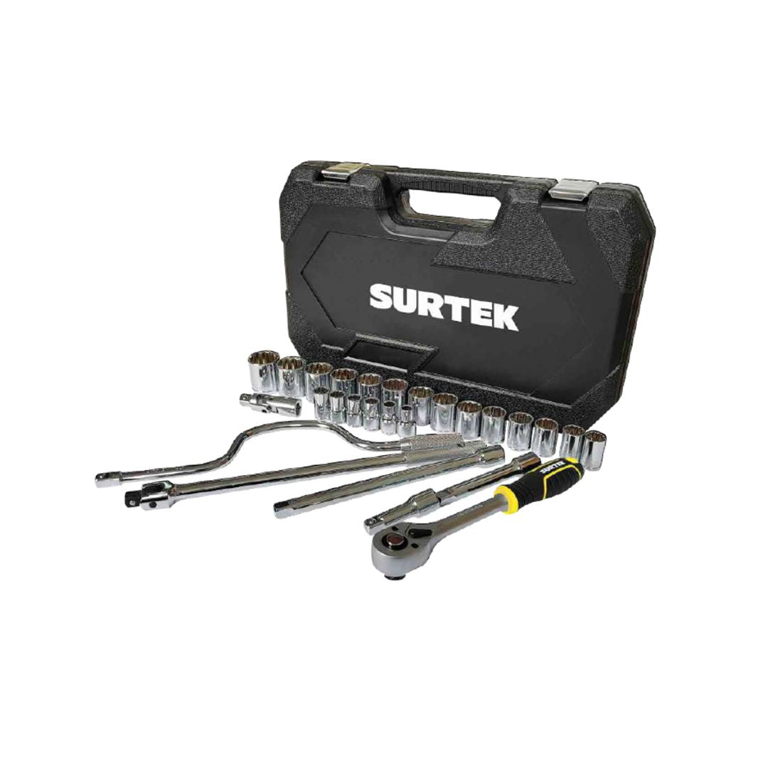 JUEGO DE MECANICO DE 27 PZAS SURTEK F581S HERRAMIENTA CROMADA CON MATRACA DE 1/2 CON MALETIN PLASTICO