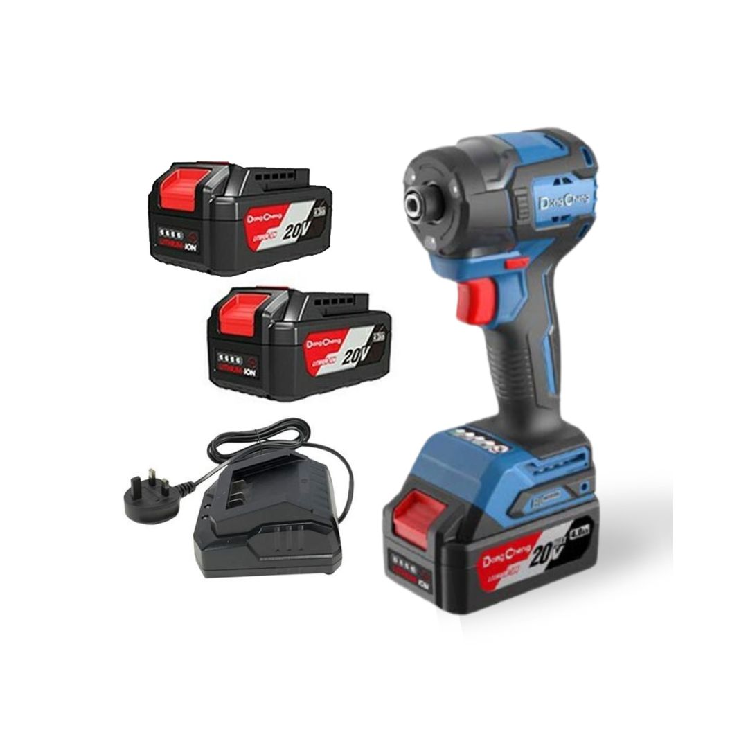 DESTORNILLADOR DE IMPACTO DONG CHENG DCPL208EM DE 1/4" SIN CARBONES DE 20V INCLUYE 2 BATERIAS DE 4AMP, CARGADOR Y ESTUCHE