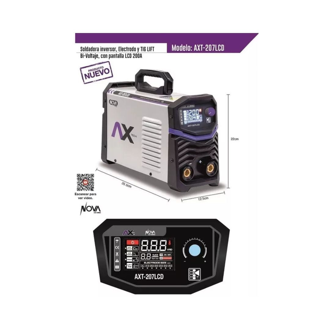 SOLDADORA INVERSOR AX TECH 207LCD ELECTRODO Y TIG LIFT 200A BI VOLTAJE PANTALLA LCD