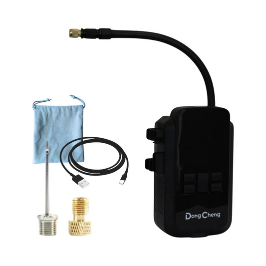 INFLADOR PORTATIL DONG CHENG DCQE02-150ED RECARGABLE DE 8V Y 150 PSI CON ACCESORIOS Y BOLSA