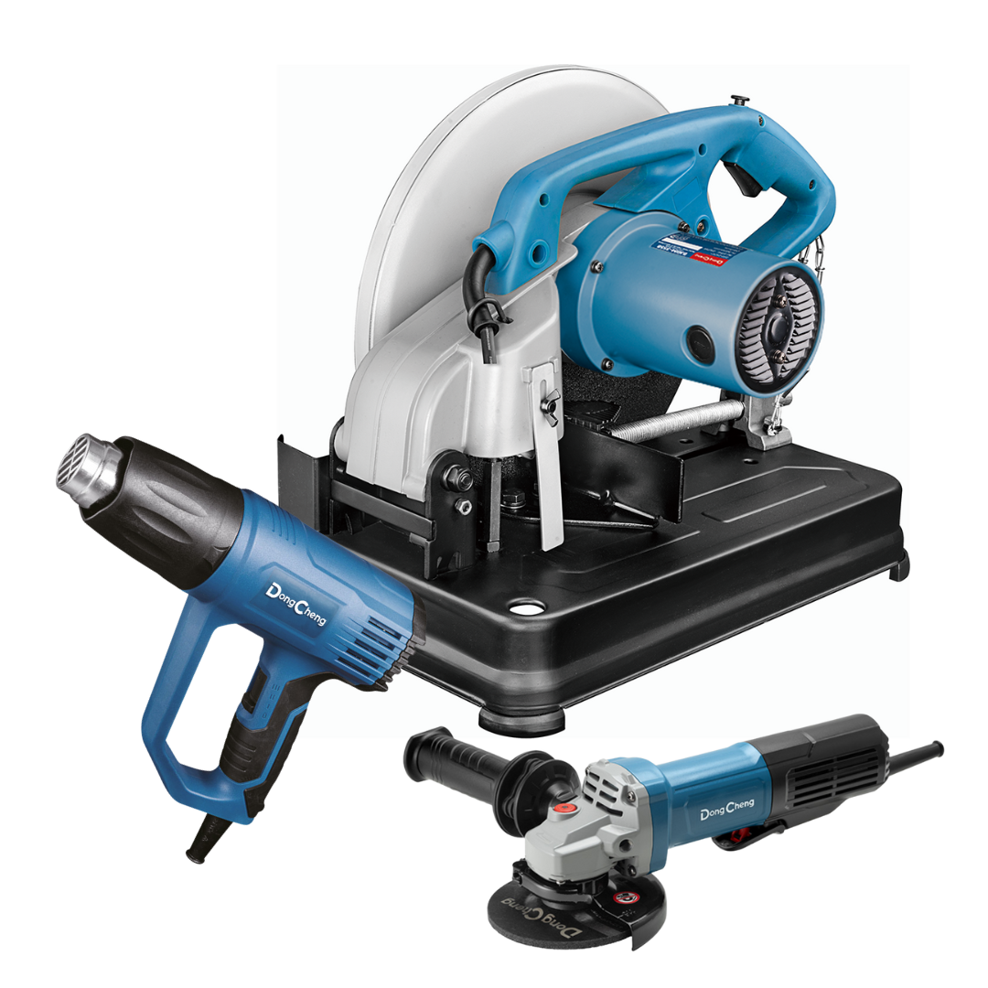 CORTADORA DE METALES DONGCHENG 2200W + MINIESMERIL INDUSTRIAL 1100W DSM17-115P + PISTOLA DE CALOR DQB03-1600