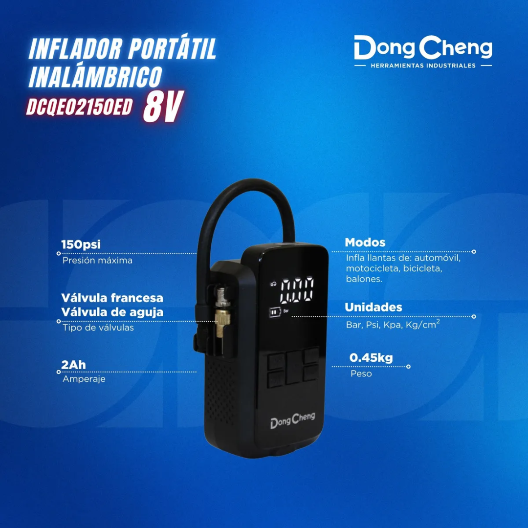 INFLADOR PORTATIL DONG CHENG DCQE02-150ED RECARGABLE DE 8V Y 150 PSI CON ACCESORIOS Y BOLSA