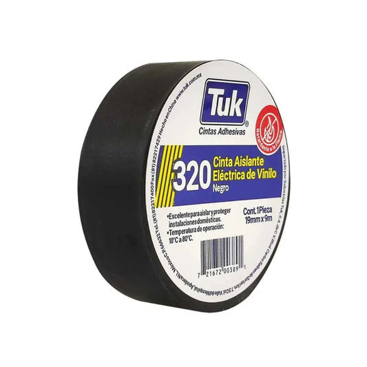 CINTA NEGRA DE VINILO TUK 320-3/4X9 PARA AISLAMIENTO ELECTRICO, USO DOMESTICO DE 3/4" X 9 M