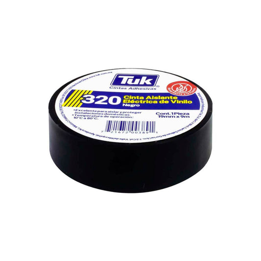 CINTA NEGRA DE VINILO TUK 320-3/4X9 PARA AISLAMIENTO ELECTRICO, USO DOMESTICO DE 3/4" X 9 M