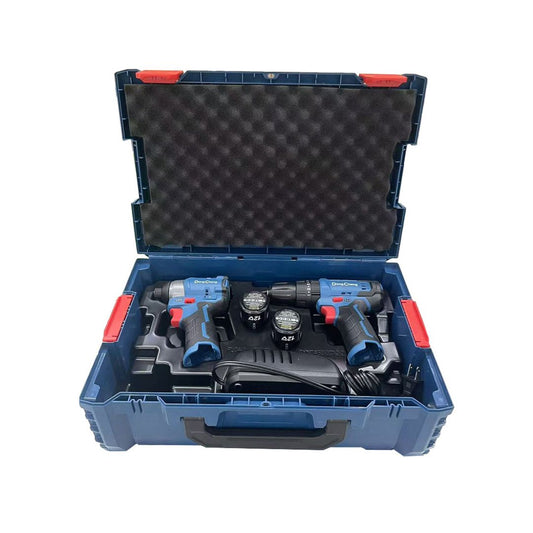 TALADRO PERCUTOR MAS ATORNILLADOR DE IMPACTO DONG CHENG DCKIT25EK BRUSHLESS DE 12V