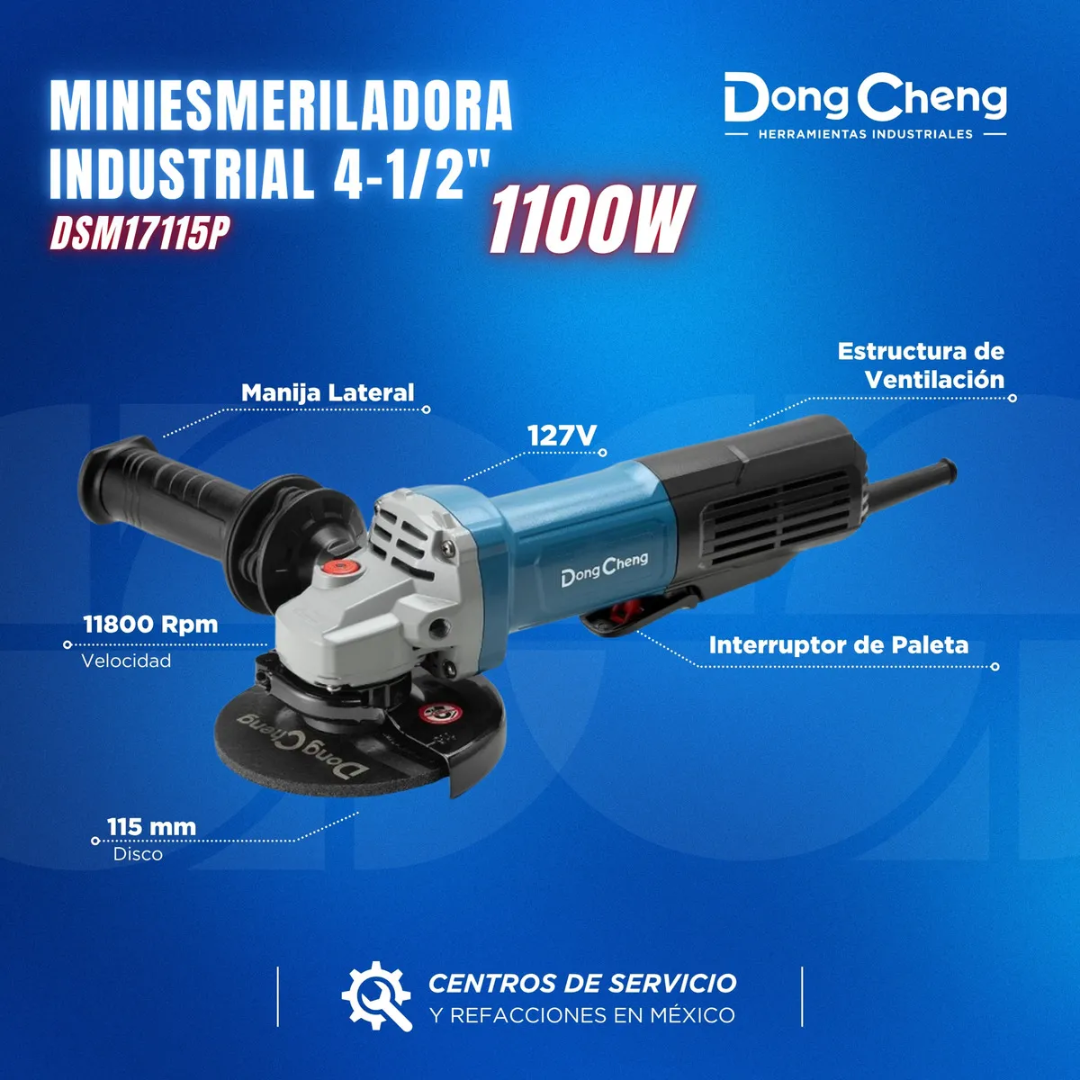 MINIESMERILADORA DONG CHENG DSM17-115P DE 4 1/2" Y 1050W, CON SWITCH TIPO PALETA, DE 11,800 RPM