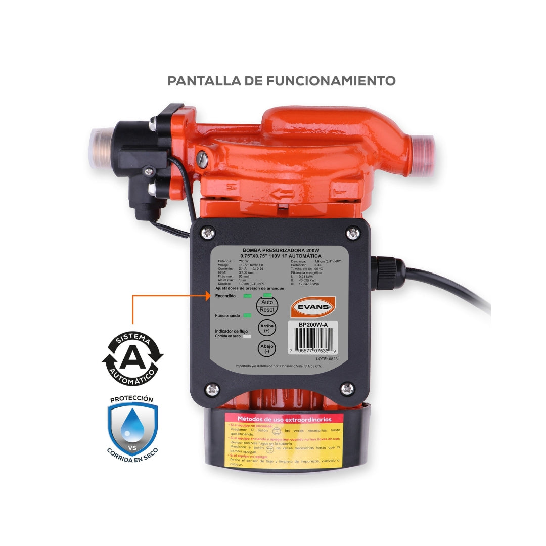 Bomba Presurizadora Evans 200W | Altura Máx. 13 Metros | 3/4" Succión/Descarga | BP200W-A