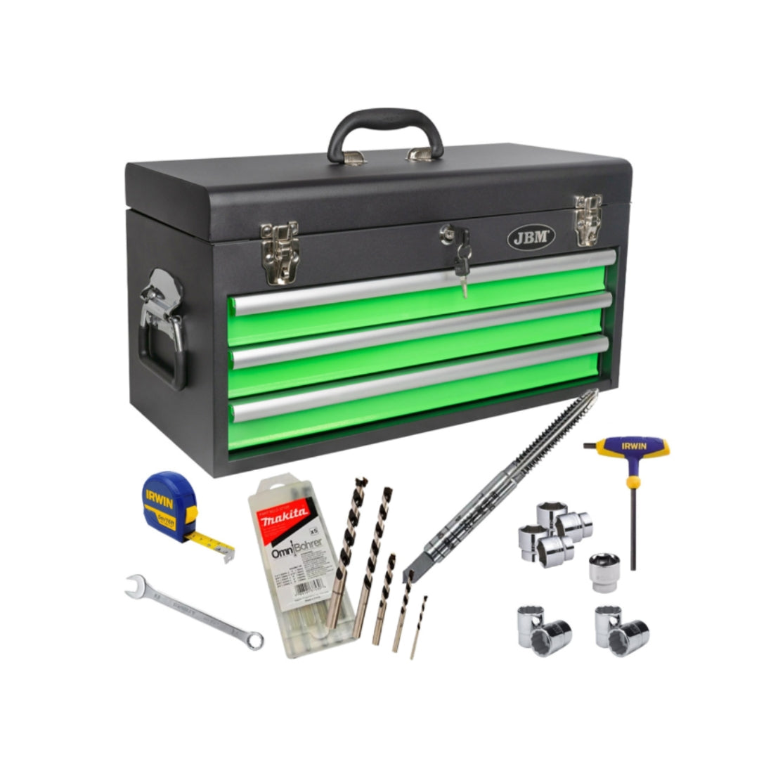 Combo Caja de Herramientas JBM 51600 + Kit de Mecánico Irwin 13" y Brocas Makita | Profesional
