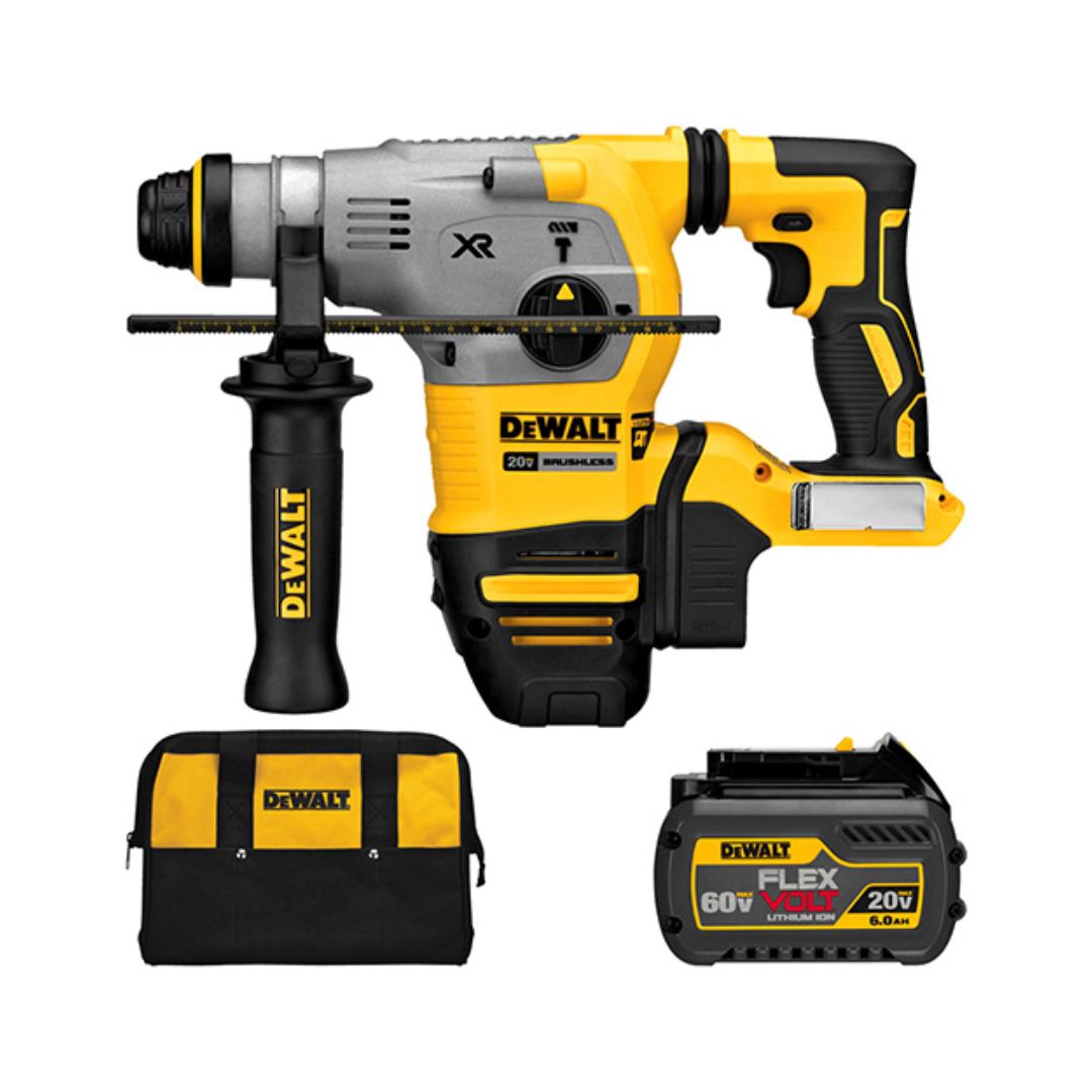 COMBO ROTOMARTILLO SDS PLUS DEWALT DCH293B+C01 1 1/8" DE 20V SIN CARBONES INCLUYE BATERIA 6AMPS Y 60V MÁS CARGADOR DEWALT DCB118