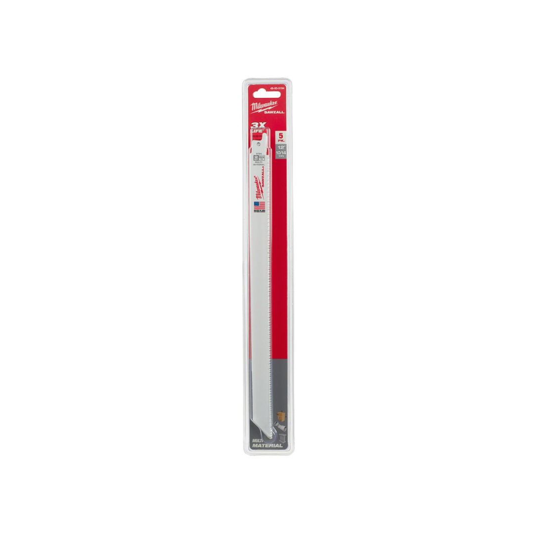 SEGUETA PARA SIERRA SABLE BIMETAL MILWAUKEE 48-00-5194 DE 12 X 10/14 DIENTES POR PULGADA PARA METAL, MADERA Y PLASTICO, CONTIENE 5 PIEZAS