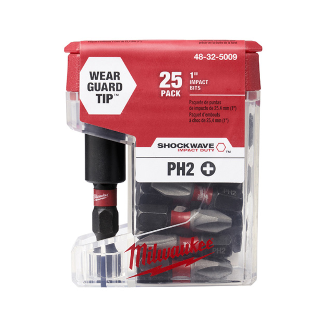 JUEGO DE INSERTOS PHILLIPS NO.2 MILWAUKEE 48-32-5009 SHOCKWAVE CON EXTENSION MAGNETICA CONTIENE 25 PIEZAS