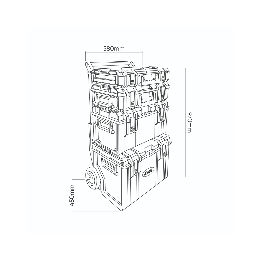 KIT DE 4 CAJAS CON SISTEMA MODULAR APILABLE Y CARRO DE TRANSPORTACION JBM 54518