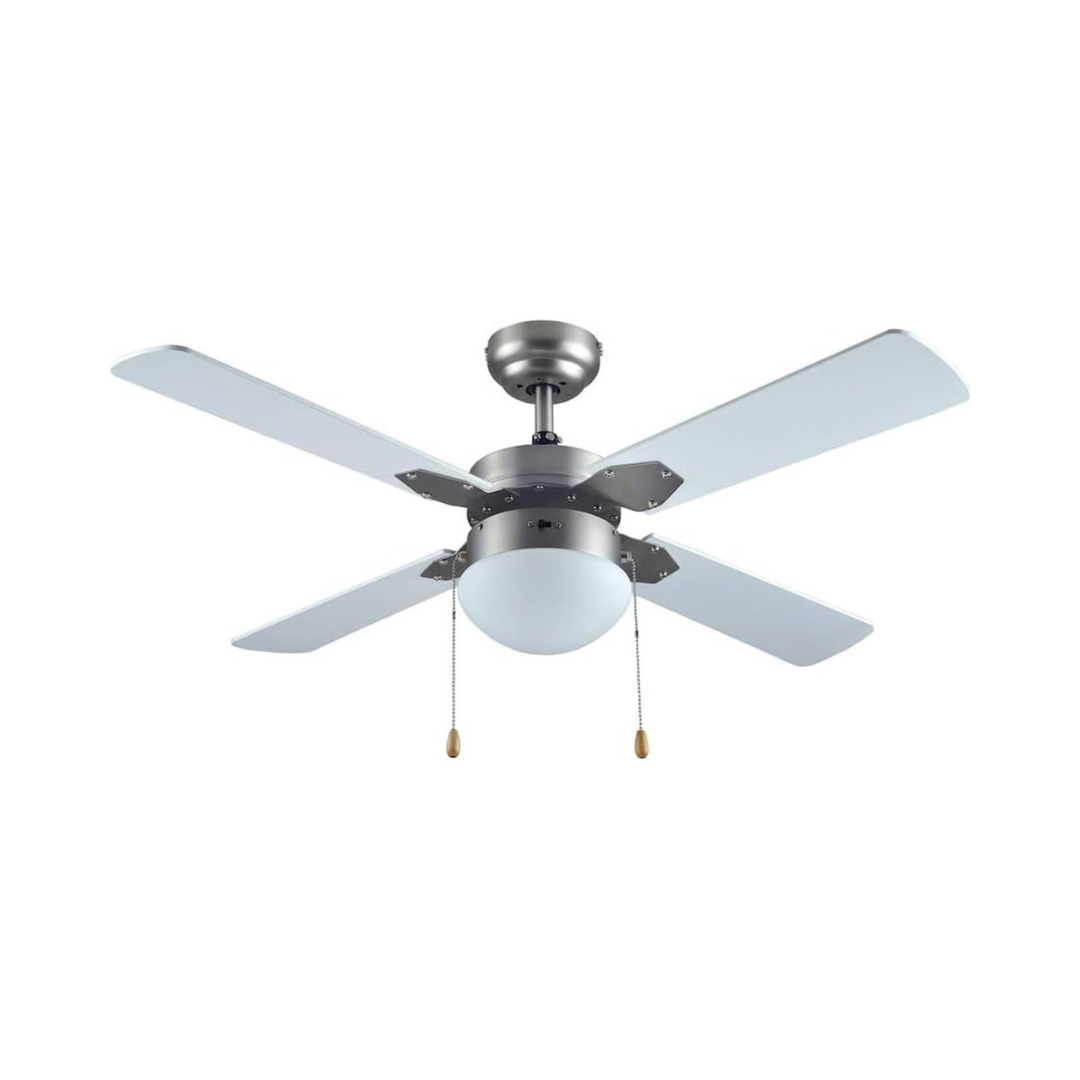 VENTILADOR DE TECHO DE 42 PULGADAS DE 60 WATTS CON LUZ Y CADENA COLOR NIQUEL SATINADO Y ASPAS BLANCAS MOD. BREZZA