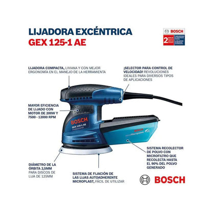 LIJADORA EXCÉNTRICA PROFESSIONAL GEX 125-1 AE BOSCH 06013875G0 DE 1/4” CON 220W Y 14,000ORPM