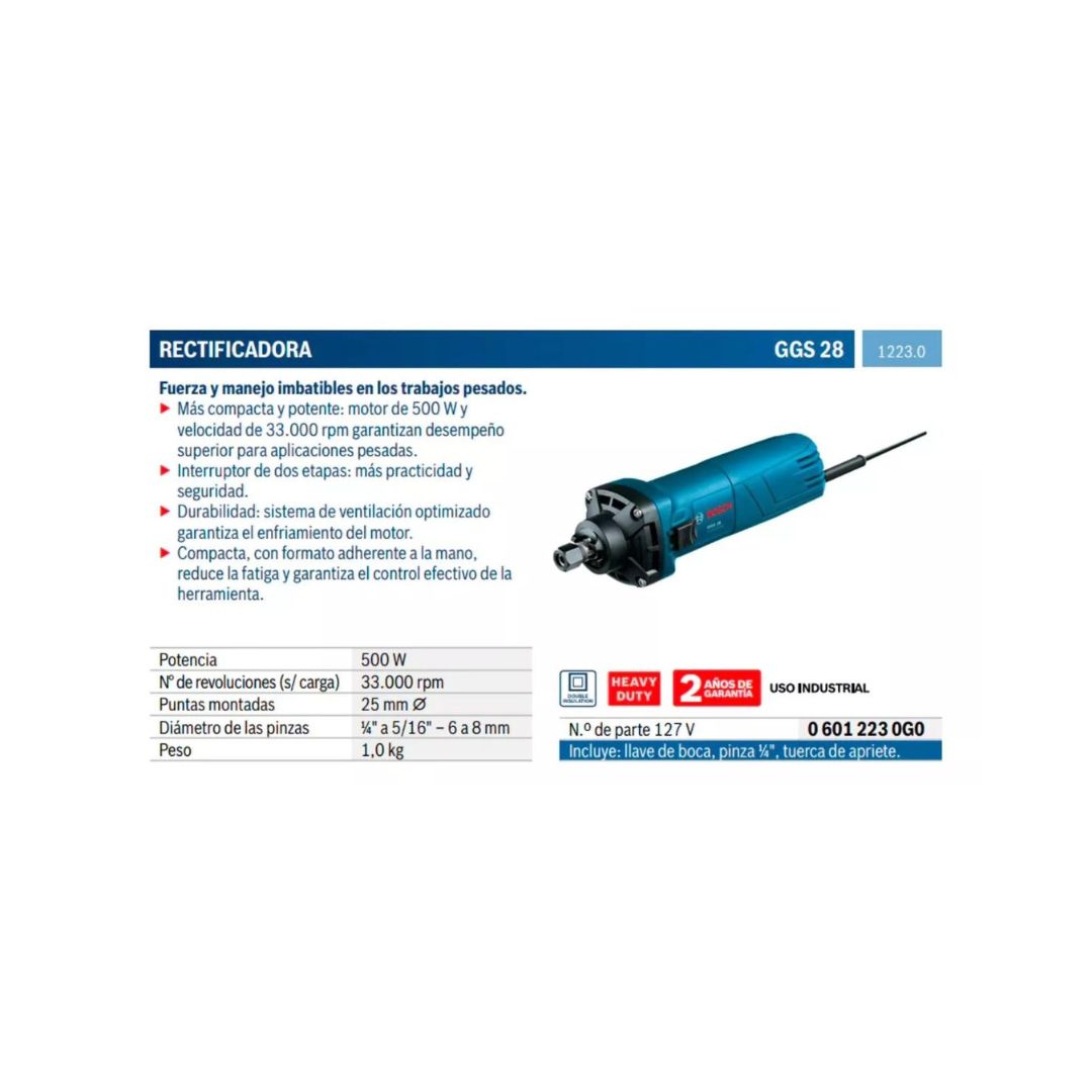 RECTIFICADOR GGS 28 BOSCH 06012230G0 DE 1/4” Y 500W CON FRECUENCIA DE 33000RPM