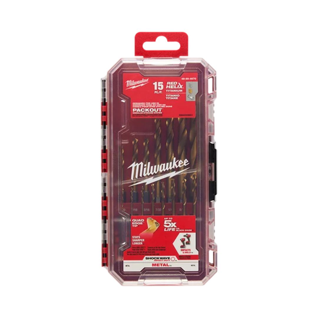 JUEGO DE BROCAS SHOCKWAVE RED HELIX MILWAUKEE 48-89-4670 DE TITANIO CON ESTUCHE, CONTIENE 15 PIEZAS