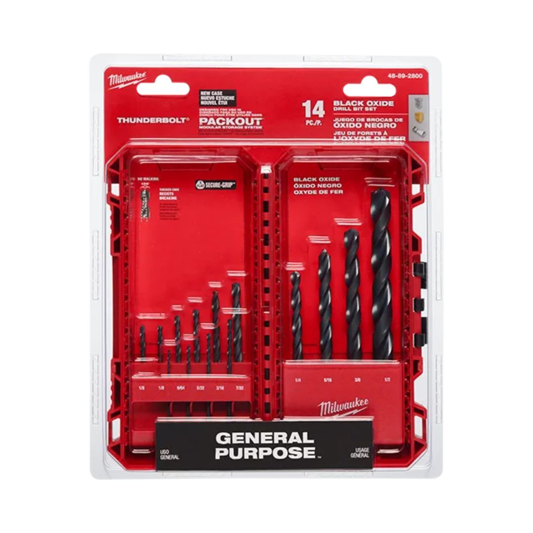 JUEGO DE BROCAS THUNDERBOLT MILWAUKEE 48-89-2800 CON 14 PIEZAS, DE 1/16" A 3/8" CON ESTUCHE DE USO RUDO