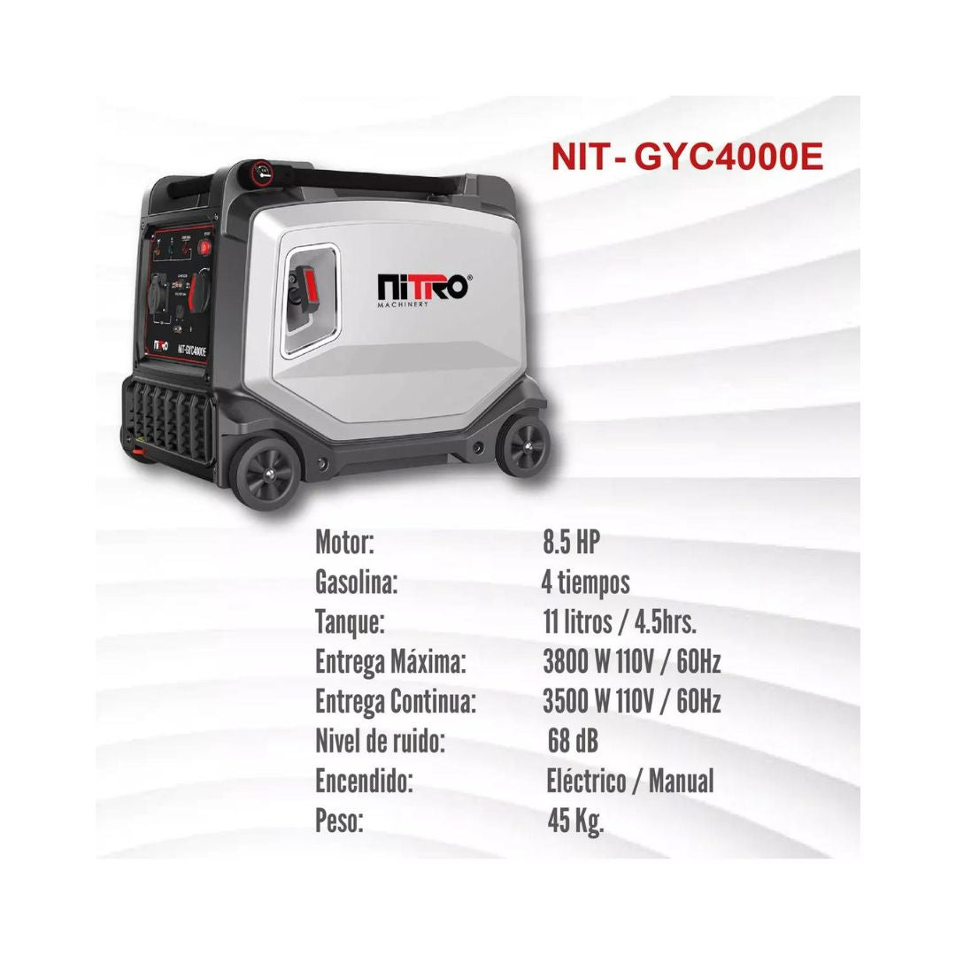 GENERADOR INVERTER SILENCIOSO NITRO GYC4000E 3600 WATTS, 8.5HP A 4 TIEMPOS CON ENCENDIDO ELECTRICO/MANUAL