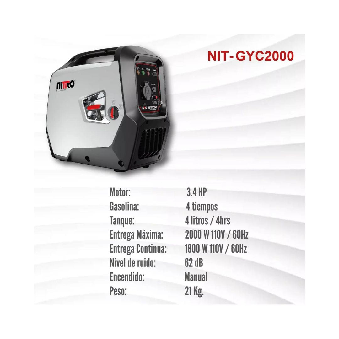 GENERADOR INVERTER SILENCIOSO NITRO GYC2000 DE 1800 WATTS, 3.4HP DE 110 VOLTS, 4 TIEMPOS Y ENCENDIDO MANUAL