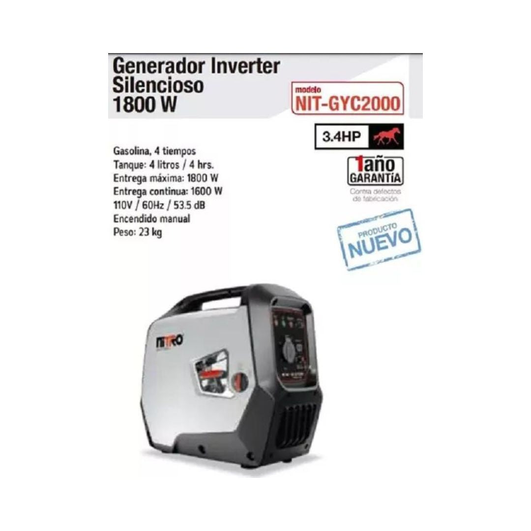 GENERADOR INVERTER SILENCIOSO NITRO GYC2000 DE 1800 WATTS, 3.4HP DE 110 VOLTS, 4 TIEMPOS Y ENCENDIDO MANUAL