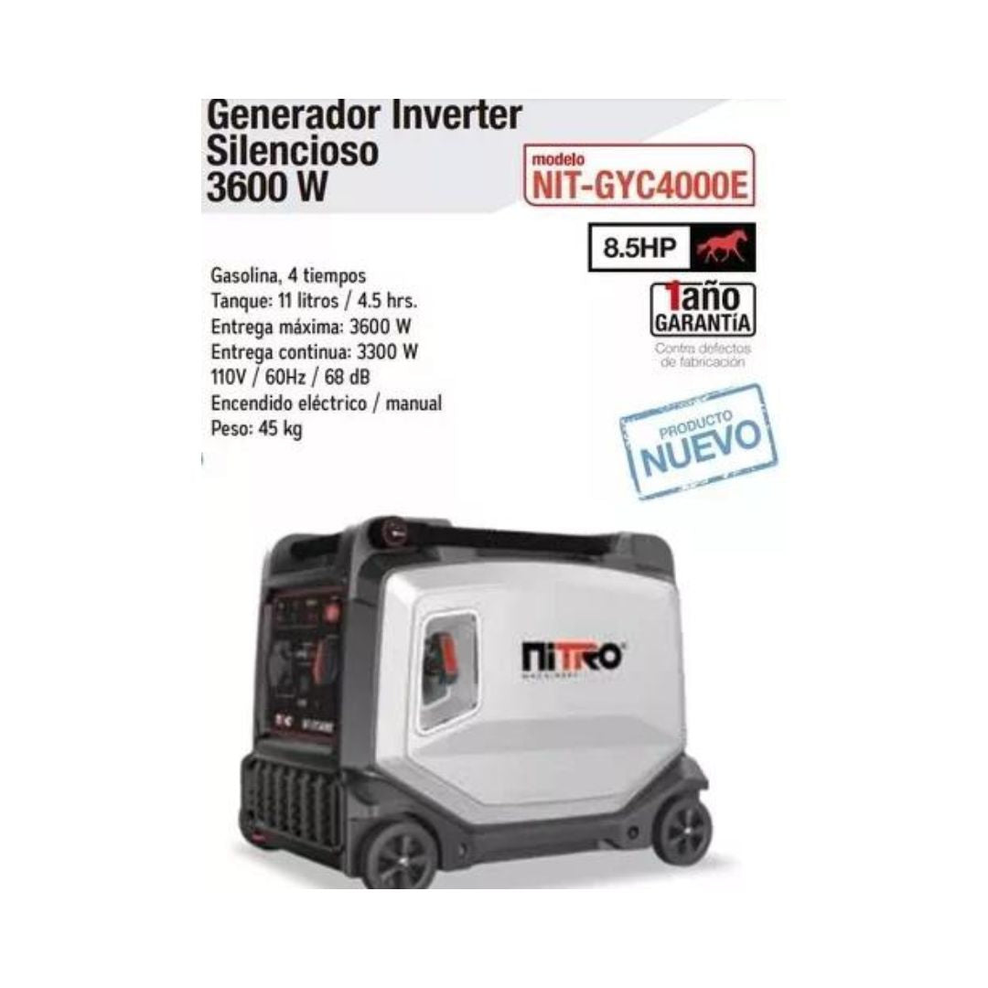 GENERADOR INVERTER SILENCIOSO NITRO GYC4000E 3600 WATTS, 8.5HP A 4 TIEMPOS CON ENCENDIDO ELECTRICO/MANUAL