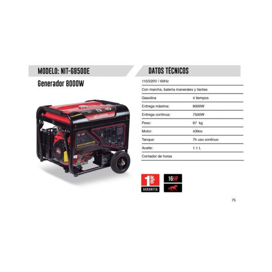 GENERADOR A GASOLINA NITRO G8500E DE 7,500W, 16HP, DE 4 TIEMPOS Y ENCENDIDO MANUAL