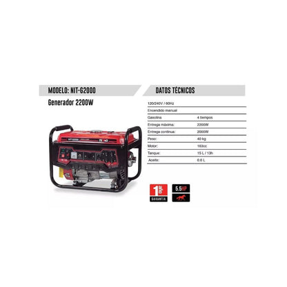 GENERADOR A GASOLINA NITRO G2000 DE 2,000W Y 5.5HP, 4 TIEMPOS CON ENCENDIDO MANUAL