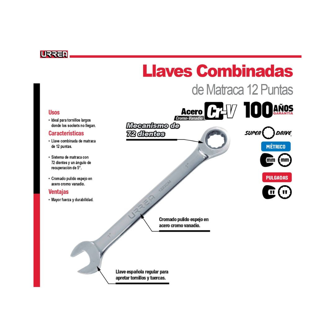 LLAVE COMBINADA URREA 1236CM CON MATRACA DE 1-1/8"