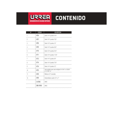 JUEGO DE DADOS URREA 4700C 12 PIEZAS CON ACCESORIOS Y CUADRO DE 1/4" EN CAJA METALICA