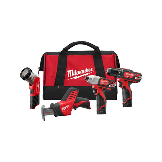 COMBO DE 4 HERRAMIENTAS M12™ MILWAUKEE 2498-24 LLAVE IMPACTO, SIERRA SABLE, TALADRO Y LAMPARA