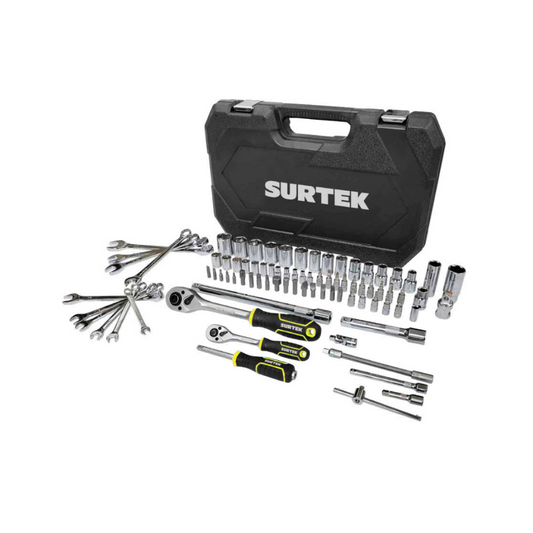 JUEGO DE MECANICO DE 84 PZAS SURTEK JCM4S HERRAMIENTA CROMADA CON MATRACAS DE 1/2 Y 1/4 STD Y MM CON MALETIN PLASTICO