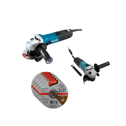 COMBO MINIESMERILADORA MAKITA GA4590X01 DE 4 1/2" CON 1900W MÁS MINIESMERIL MAKITA M0901B 4 1/2" INCLUYE 5 DISCOS DE CORTE MAKITA D71685 Y UNAS GAFAS DE SOL CLAROS