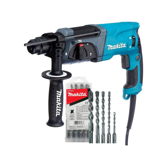 ROTOMARTILLO SDS PLUS MAKITA HR2470+C03 DE 15/16” Y DE 850W CON ESTUCHE Y 0-1100RPM, 2.8KGS 3 FUNCIONES, INCLUYE KIT DE 5 BROCAS SDS PLUS D-07973