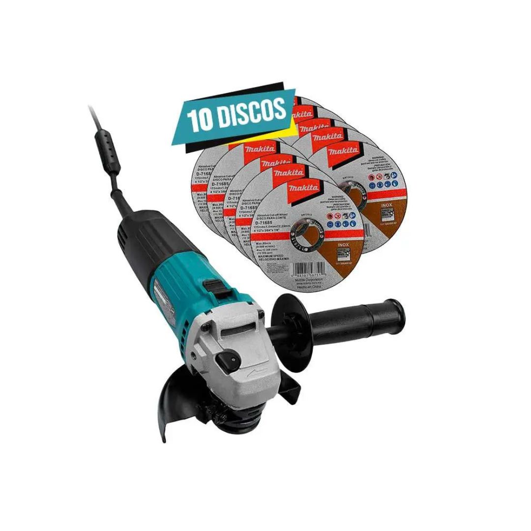 COMBO MINIESMERILADORA MAKITA GA4592X02+C01 DE 4 1/2" Y 1900W INCLUYE 10 DISCOS DE CORTE MÁS MINIESMERIL MAKITA M0901B DE 4 1/2" Y LENTES MAKITA