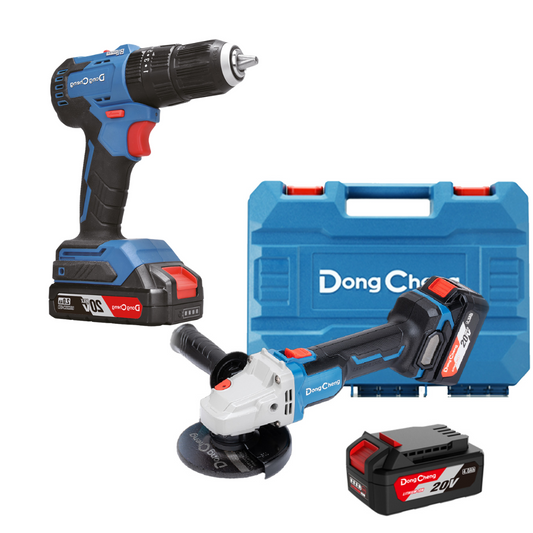 MINIESMERILADORA INALAMBRICA DE 4 1/2" DONG CHENG DCSM03-115EM + ROTOMARTILLO DCJZ2050IAM DE 1/2" BRUSHLESS 20V