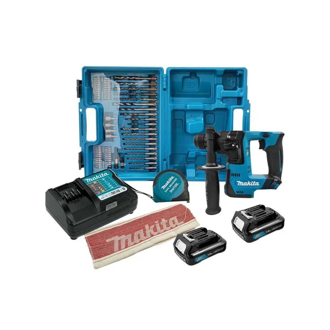 COMBO ROTOMARTILLO SDS PLUS INALÁMBRICO MAKITA HR140DWYE1+C01 DE 9/16” Y 12V CON 2 BATERÍAS DE 1.5AMPS MÁS ESTUCHE CON 55 ACCESORIOS, INCLUYE ASPIRADORA INALAMBRICA MAKITA DE 12V MÁS CONVERTIDOR DE VOLTAJE CON USB