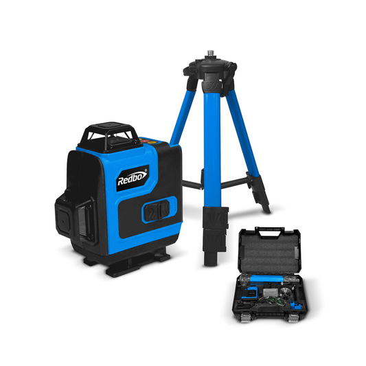 NIVEL LÁSER LUZ VERDE REDBO RB-4D-16, BAT 2400 MAH RANGO DE 25 MTS PANEL TACTIL C/LED DE IMPORT INCLUYE TRIPODE