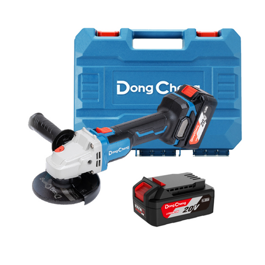 MINIESMERILADORA INALAMBRICA DE 4 1/2" DONGCHENG DCSM03-115EM 20V CON 2 BATERIAS, CARGADOR Y ESTUCHE