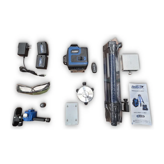 NIVEL LÁSER LUZ VERDE REDBO RB-4D-16, BAT 2400 MAH RANGO DE 25 MTS PANEL TACTIL C/LED DE IMPORT INCLUYE TRIPODE