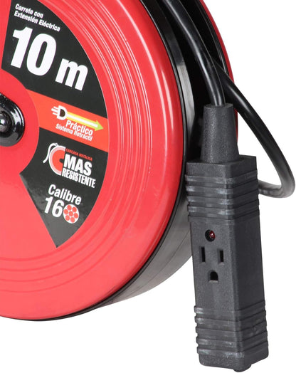 CARRETE CON EXTENSION ELECTRICA MIKEL'S CEE-10 DE 10 MTS, PRÁCTICO SISTEMA RETRÁCTIL