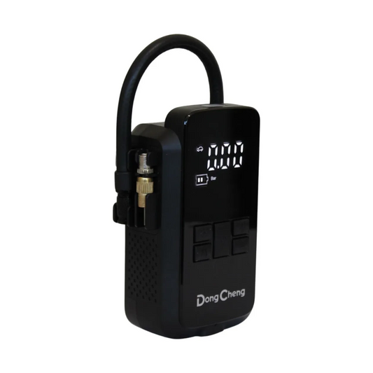 INFLADOR PORTATIL DONG CHENG DCQE02-150ED RECARGABLE DE 8V Y 150 PSI CON ACCESORIOS Y BOLSA