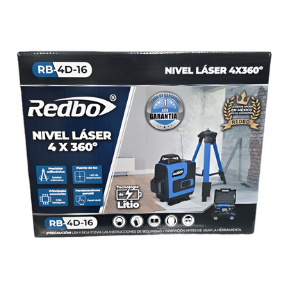 NIVEL LÁSER LUZ VERDE REDBO RB-4D-16, BAT 2400 MAH RANGO DE 25 MTS PANEL TACTIL C/LED DE IMPORT INCLUYE TRIPODE