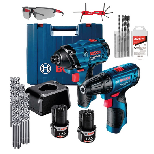 COMBO LLAVE DE IMPACTO 12V + ROTOMARTILLO CON 2 BATERIAS Y MALETIN + BROCAS, LENTES DE SEGURIDAD Y JUEGO DE LLAVES HEXAGONALES