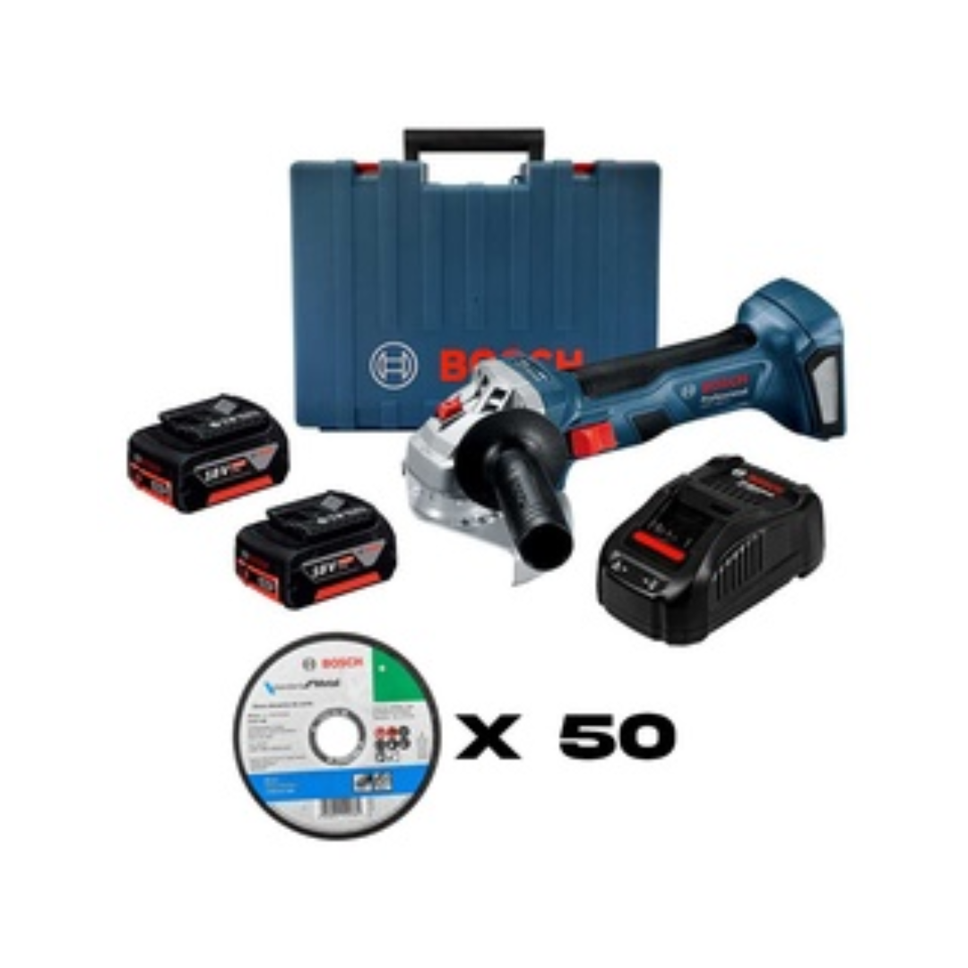 COMBO MINIESMERILADORA INALAMBRICA 4 1/2 DE 18V C/2 BATERIAS DE 4 AMP + CARGADOR + 50 DISCOS 2608619383