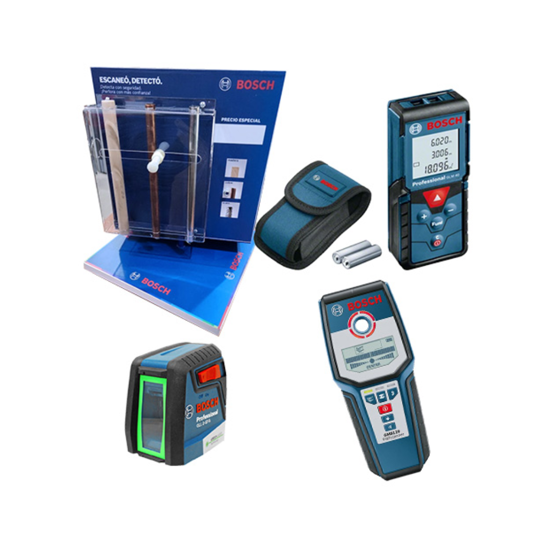 COMBO HERRAMIENTAS DE MEDICION BOSCH + TELEMETRO + NIVEL  + DETECTOR DE METALES C/EXHIBIDOR