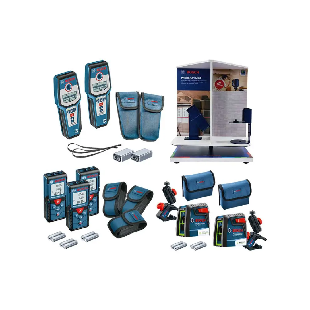 COMBO HERRAMIENTAS DE MEDICION BOSCH + TELEMETRO + NIVEL  + DETECTOR DE METALES C/EXHIBIDOR