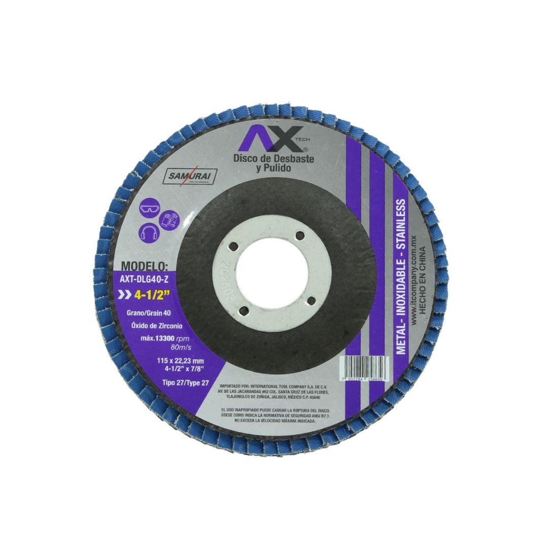 DISCO LAMINADO AXTECH DLG40-Z PARA DESBASTE Y PULIDO DE 4-1/2", DE OXIDO DE ZIRCONIO DE GRANO 40